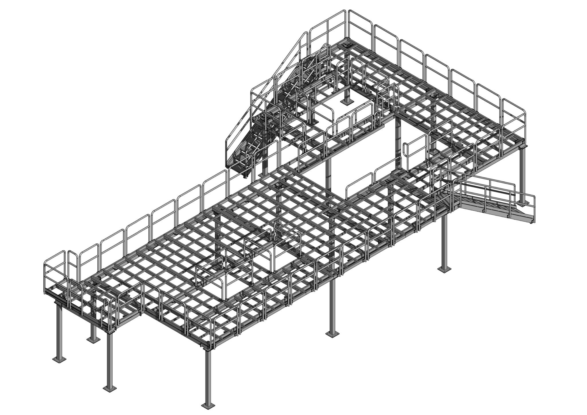 Disegno tecnico assonometrico ballatoio metallico industriale con annesse scale metalliche per supporto macchinari robot.
