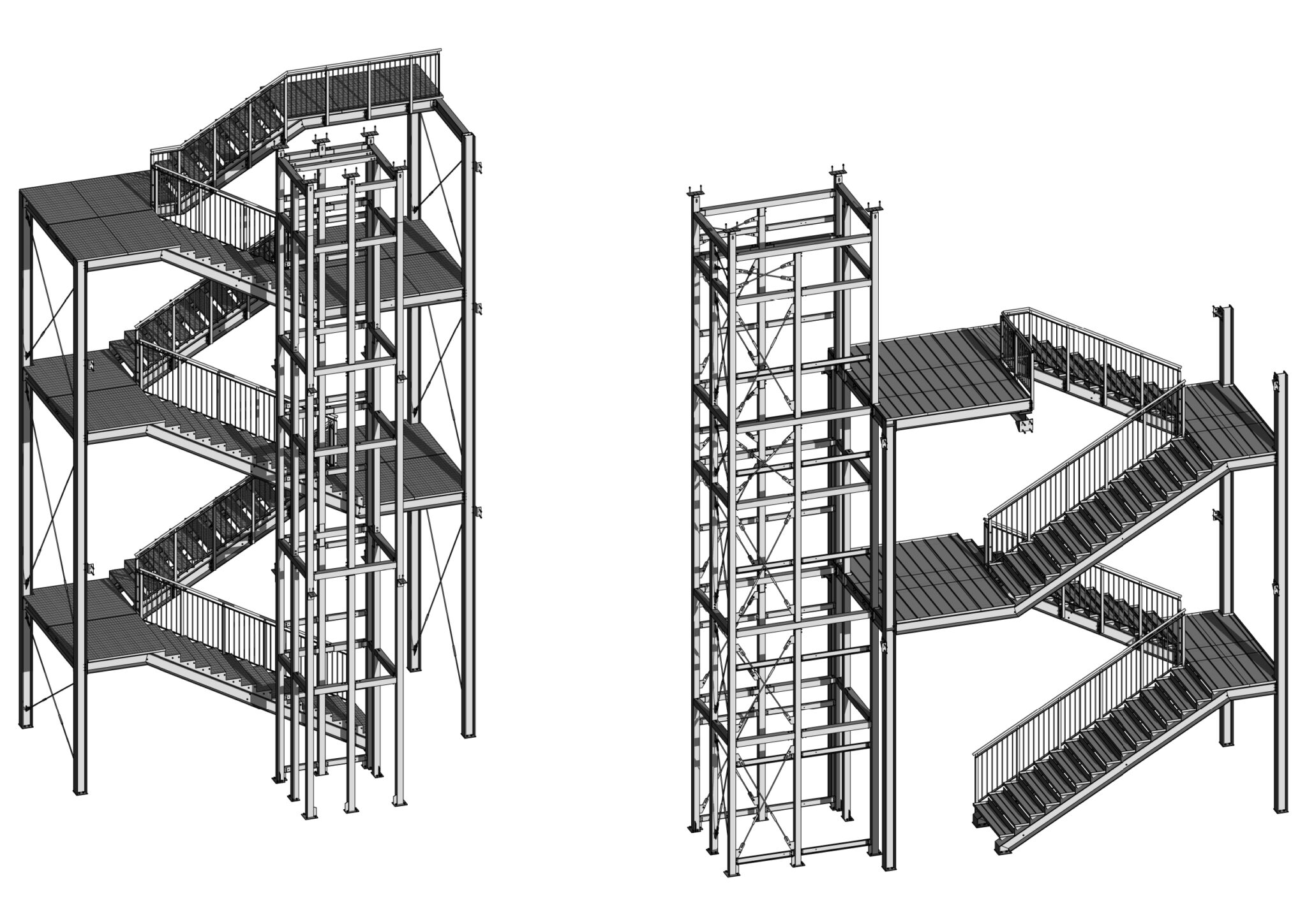 Disegno tecnico assonometrico di scale metalliche con annesso vano ascensore in edificio industriale di Reggio Emilia.